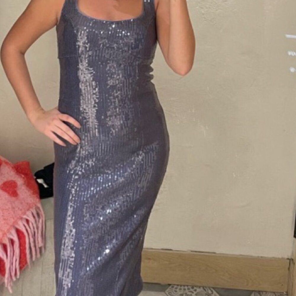 Anthropologie Pilcro Purple Sequin Slim Midi Dress Square Neck Mediium NWT
